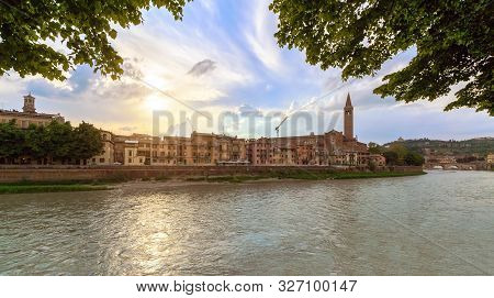 Panoramic View On The Dige River In The Evening In Verona. Italy