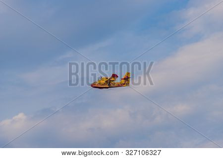Age France. 2july 2019. A Bombardier 415 Civile Superscooper Aircraft Flying In France In France