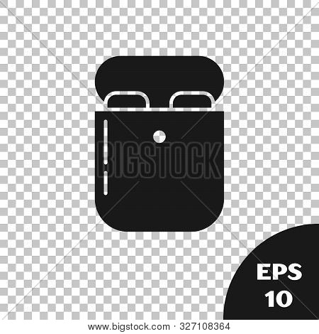 Black Air Headphones In Box Icon Icon Isolated On Transparent Background. Holder Wireless In Case Ea