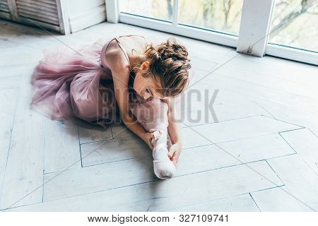 Young Classical Ballet Dancer Girl In Dance Class. Beautiful Graceful Ballerina In Pink Tutu Skirt P