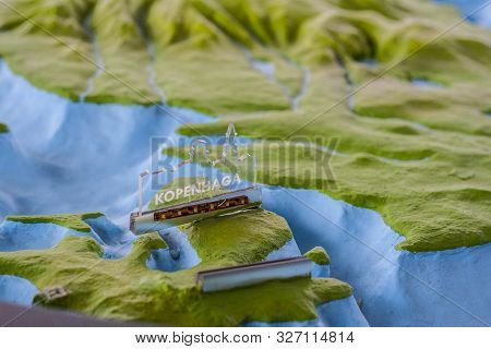 Copenhagen And Sound Strait Separating Danish Island Zealand From Sweden On Maquette Of Baltic Sea F