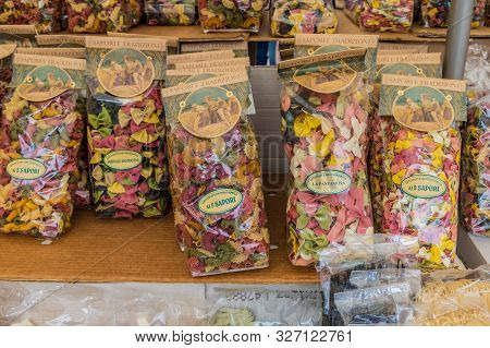 Ventimiglia Italy. 14 June 2019. A Colourful Display Of Pasta At The Local Market In Ventimiglia Ita