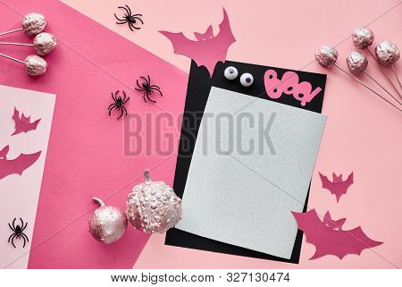 Creative Paper Craft Halloween Flat Lay In Pink And Black Colors. Top View With Cipy-space On Stack 