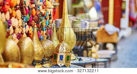 Selection Of Traditional Lamps On Moroccan Market (souk) In Fes, Morocco