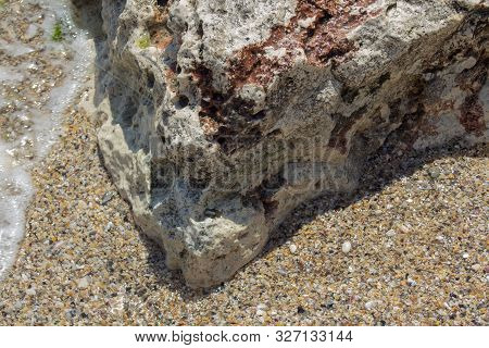 An Interesting Colored Stone Cliff On The Seashore. Rusalka (mermaid) Resort, Black Sea, Bulgaria.