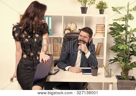 Loved By His Employee. Sexy Administrative Employee And Employer. Adorable Woman Employee Sitting At