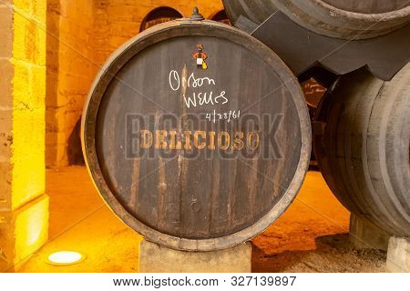Jerez De La Frontera, Andalucía, Spain; April 7, 2015: Wood And Oak Wine Barrel With The Word 