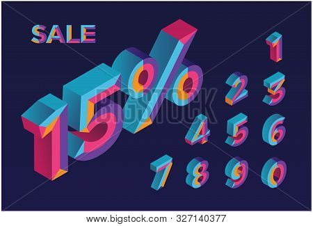 15% Sale. 0, 1, 2, 3, 4, 5, 6, 7, 8, 9 Isometric 3d Numeral Alphabet. Percent Off, Sale Background. 
