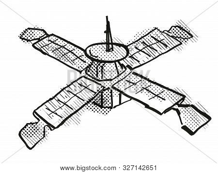Retro Cartoon Style Drawing Of A Vintage Spaceprobe Or Space Satellite On Isolated White Background 
