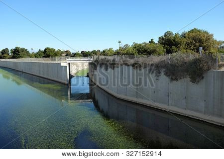 Greenville-Banning flood control channel in Costa Mesa, California. The channel provides storm water conveyance for portions of the cities of Santa Ana and Costa Mesa.