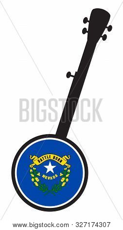 A Typical Five String Banjo In Silhouette On A White Background Woth The Icon From The State Seal Of