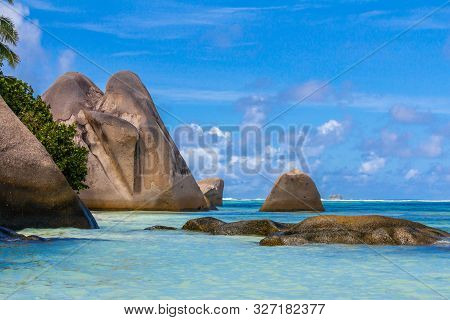The Most Beautiful Beach Of Seychelles, Anse Source Dargent, Granite Rocks At Beautiful Beach On Tro
