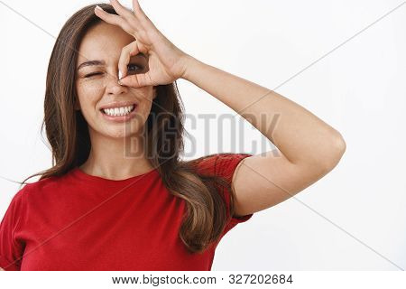 Close-up Lucky Enthusiastic Modern Young Brunette Female Student, Staying Positive Have Good Marks, 