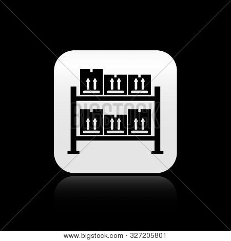 Black Warehouse Icon Isolated On Black Background. Silver Square Button. Vector Illustration
