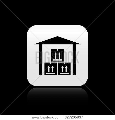 Black Warehouse Icon Isolated On Black Background. Silver Square Button. Vector Illustration