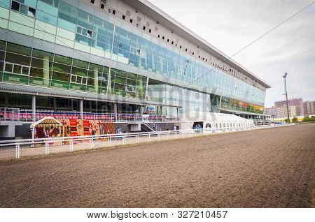 Ufa, Russia. July 12, 2019.  A General View Of Racetrack And The Glass Building Of Hippodrome 