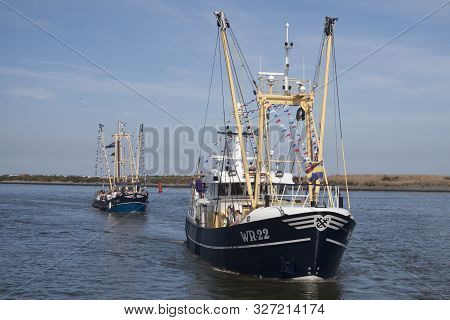 Den Oever, The Netherlands - Augustus 28, 2018: People On Board A Fishing Vessel Fishing Day Event  