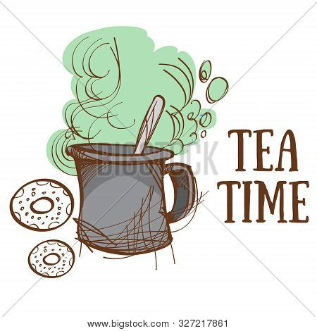 Tea Time, Large Mug And Donut. Vector Illustration.