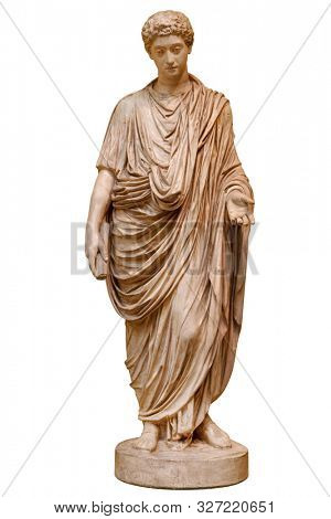 Young roman emperor Commodus statue isolated over white background. Lucius Aurelius Commodus reign is commonly considered to mark the end of the golden period in the history of the Roman Empire.