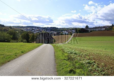 View Over The Heckengaeu At Weissach With Its Fields, Meadows And Orchards In Autumn