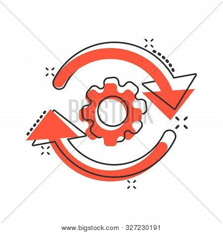 Workflow Process Icon In Comic Style. Gear Cog Wheel With Arrows Vector Cartoon Illustration Pictogr