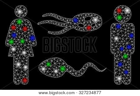 Bright Mesh People Exchange Microbes With Glow Effect. White Wire Carcass Triangular Network In Vect