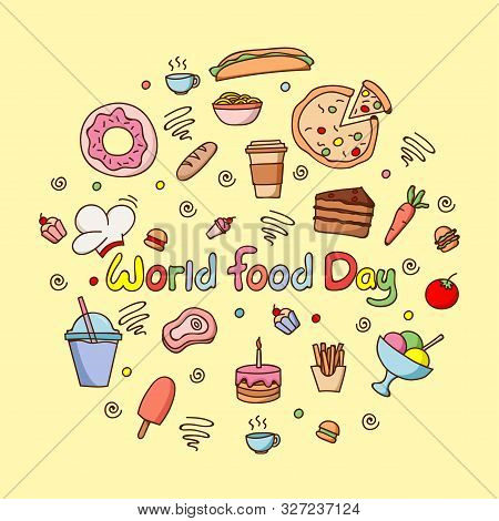 World Food Day Decoration Flat Design Concept Of Fast Food Vector Illustration. Colorful Breakfast F