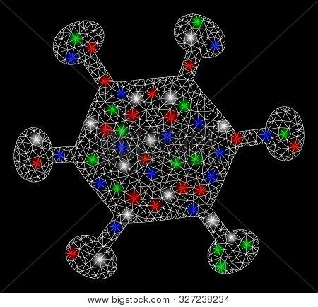 Bright Mesh Parasite Microbe With Glare Effect. White Wire Carcass Triangular Mesh In Vector Format 