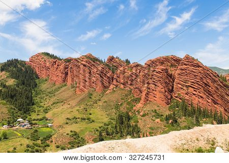 Seven Bulls Jeti Ogyz Valley Red Sandstone Formation In Kyrgyzstan