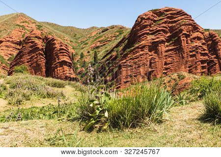 Seven Bulls Jeti Ogyz Valley Red Sandstone Formation In Kyrgyzstan