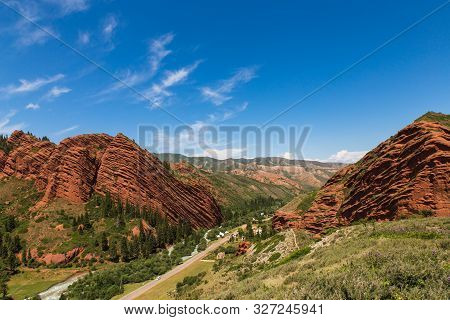 Seven Bulls Jeti Ogyz Valley Red Sandstone Formation In Kyrgyzstan