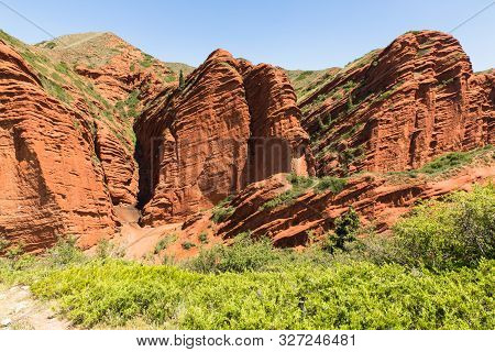 Seven Bulls Jeti Ogyz Valley Red Sandstone Formation In Kyrgyzstan