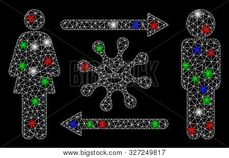 Bright Mesh People Exchange Bacteria With Lightspot Effect. White Wire Frame Polygonal Mesh In Vecto