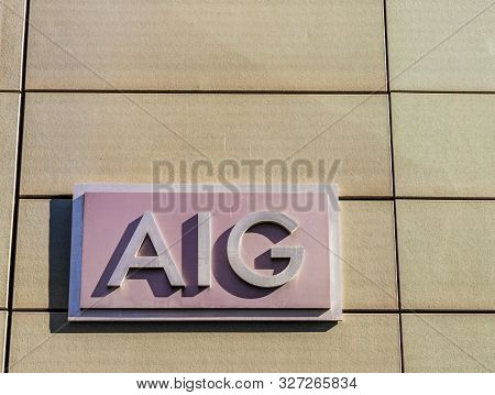 London. 21 May 2019. A View Of A Sign On The Aig Offices In The City Of London In London