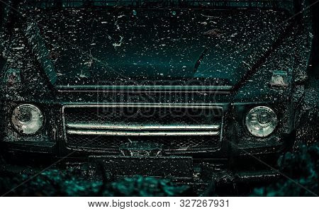 Off The Road Travel On Mountain Road. Track On Mud. 4x4 Off-road Suv Car. Offroad Car. Safari. Motio