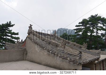 Beautiful Chinese Ancient Traditional Roof With Stone Carving In Sacred Taoist Mountain Mount Huasha