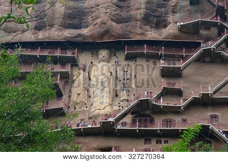 Maijishan Cave-temple Complex In Tianshui City, Gansu Province China. A Mountain With Religious Cave