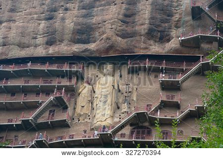 Maijishan Cave-temple Complex In Tianshui City, Gansu Province China. A Mountain With Religious Cave