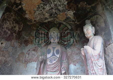 Maijishan Cave-temple Complex In Tianshui City, Gansu Province China. A Mountain With Religious Cave