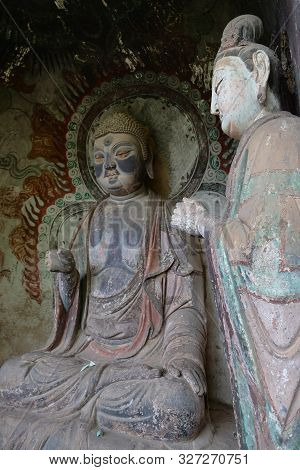 Maijishan Cave-temple Complex In Tianshui City, Gansu Province China. A Mountain With Religious Cave