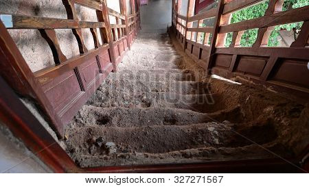 Maijishan Cave-temple Complex Steep Ladder In Tianshui City, Gansu Province China. A Mountain With R