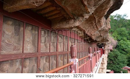 Maijishan Cave-temple Complex Corridor In Tianshui City, Gansu Province China. A Mountain With Relig