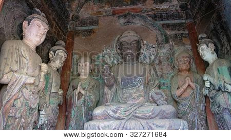 Maijishan Cave-temple Complex In Tianshui City, Gansu Province China. A Mountain With Religious Cave
