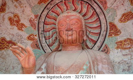 Maijishan Cave-temple Complex In Tianshui City, Gansu Province China. A Mountain With Religious Cave