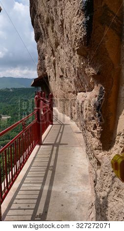 Maijishan Cave-temple Complex Corridor In Tianshui City, Gansu Province China. A Mountain With Relig