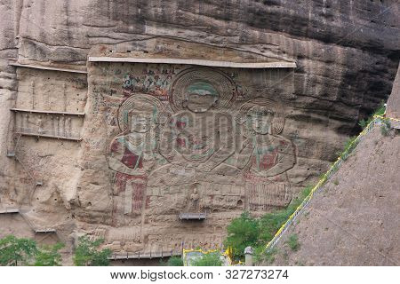 Chinese Ancient Traditional La Shao Temple Grotto Relief Painting In Tianshui Wushan Water Curtain C