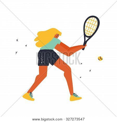 Girl Playing Tennis Doodle Style Vector Illustration. Female Player Hitting Two-handed Forehand Cart