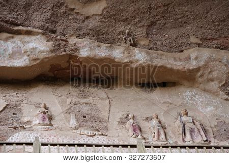 Chinese Ancient Traditional Temple Grotto Relief Painting In Tianshui Wushan Water Curtain Caves, Ga