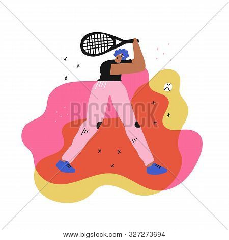 Tennis Player In Action Flat Hand Drawn Illustration. Woman Doing Two-handed Forehand Strike Cartoon