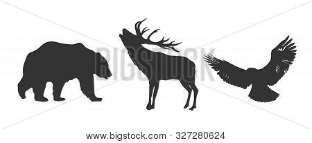 Vector Deer, Bear, Eagle Silhouettes Isolated On White Background.
